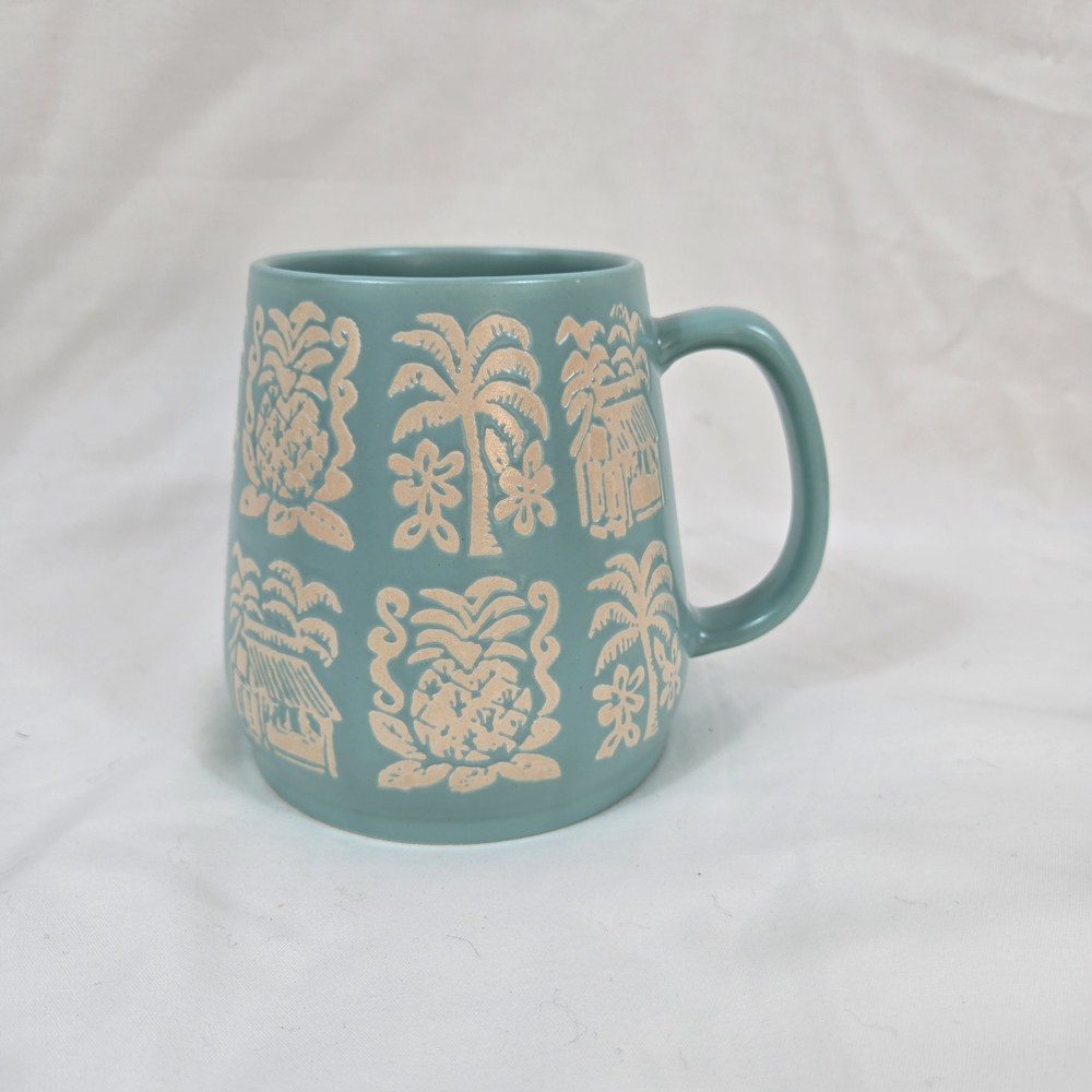 OpalHouse Turquoise Embossed Tropical Palm Pineapple 24oz Stoneware Matte TikMug